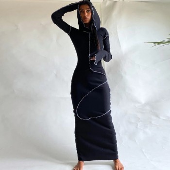  Long Sleeve Hooded Patchwork Skinny Maxi Dress Autumn Winter Women Fashion